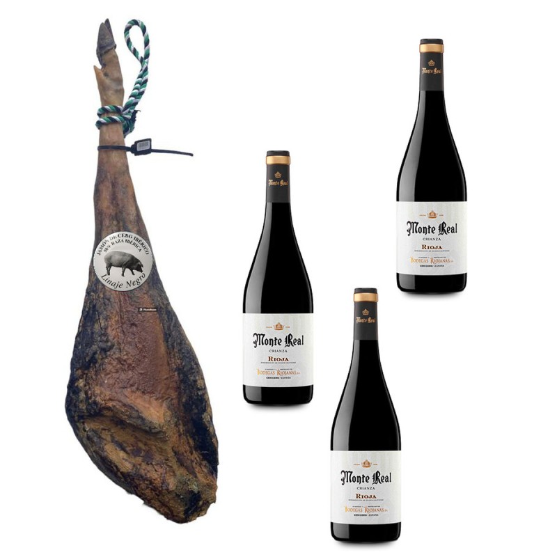 Iberischer Schinken Cebo (Freilandhaltung) Linaje Negro 8 kg Flasche Rotwein 750 ml x 3 Monte Real